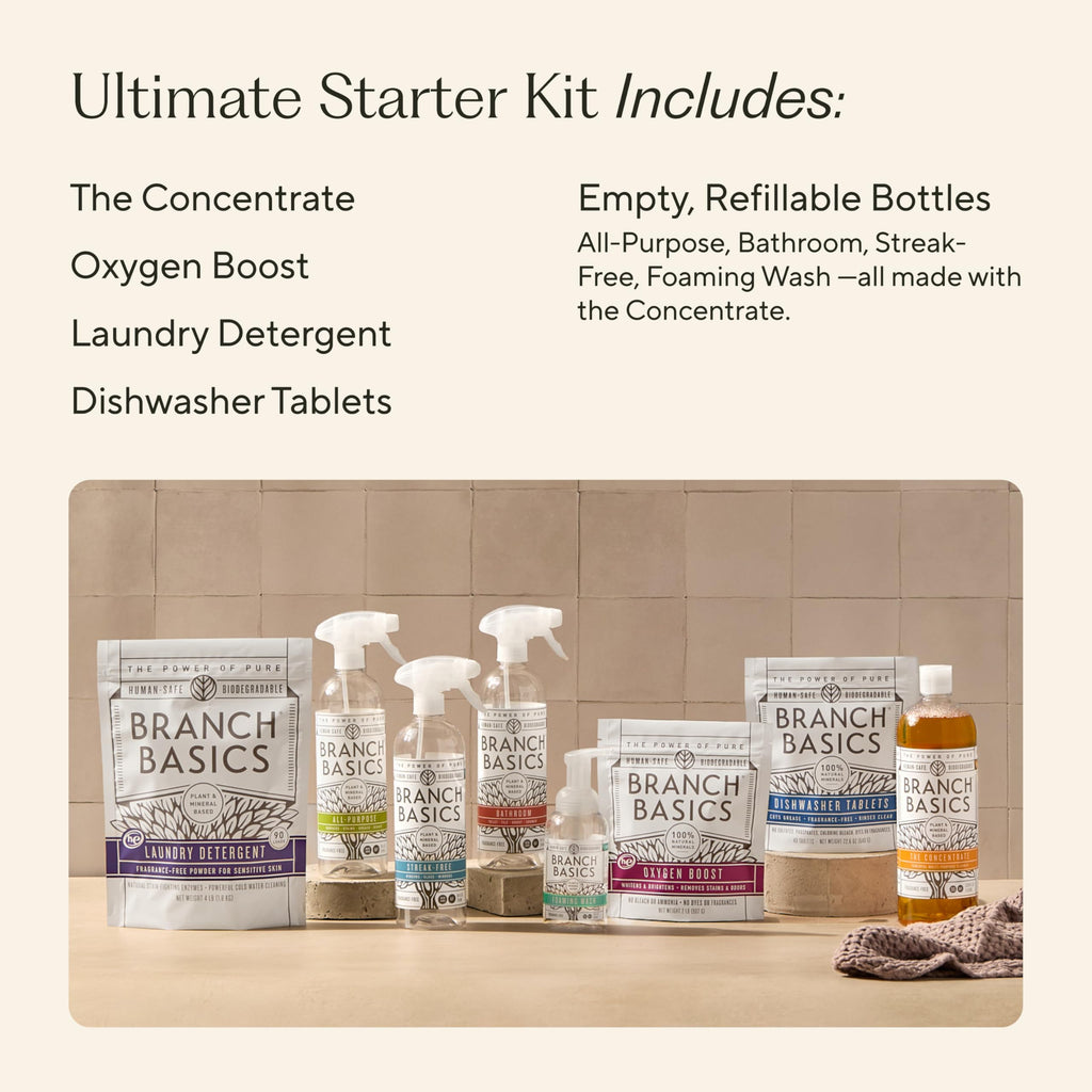 Branch Basics Ultimate Starter Kit: Natural All Purpose Cleaner, Glass, Bathroom, Foaming Hand Wash (4 Plastic Bottles + Concentrate + Oxygen Boost), Laundry Detergent, Plastic-Free Dishwasher Tablets