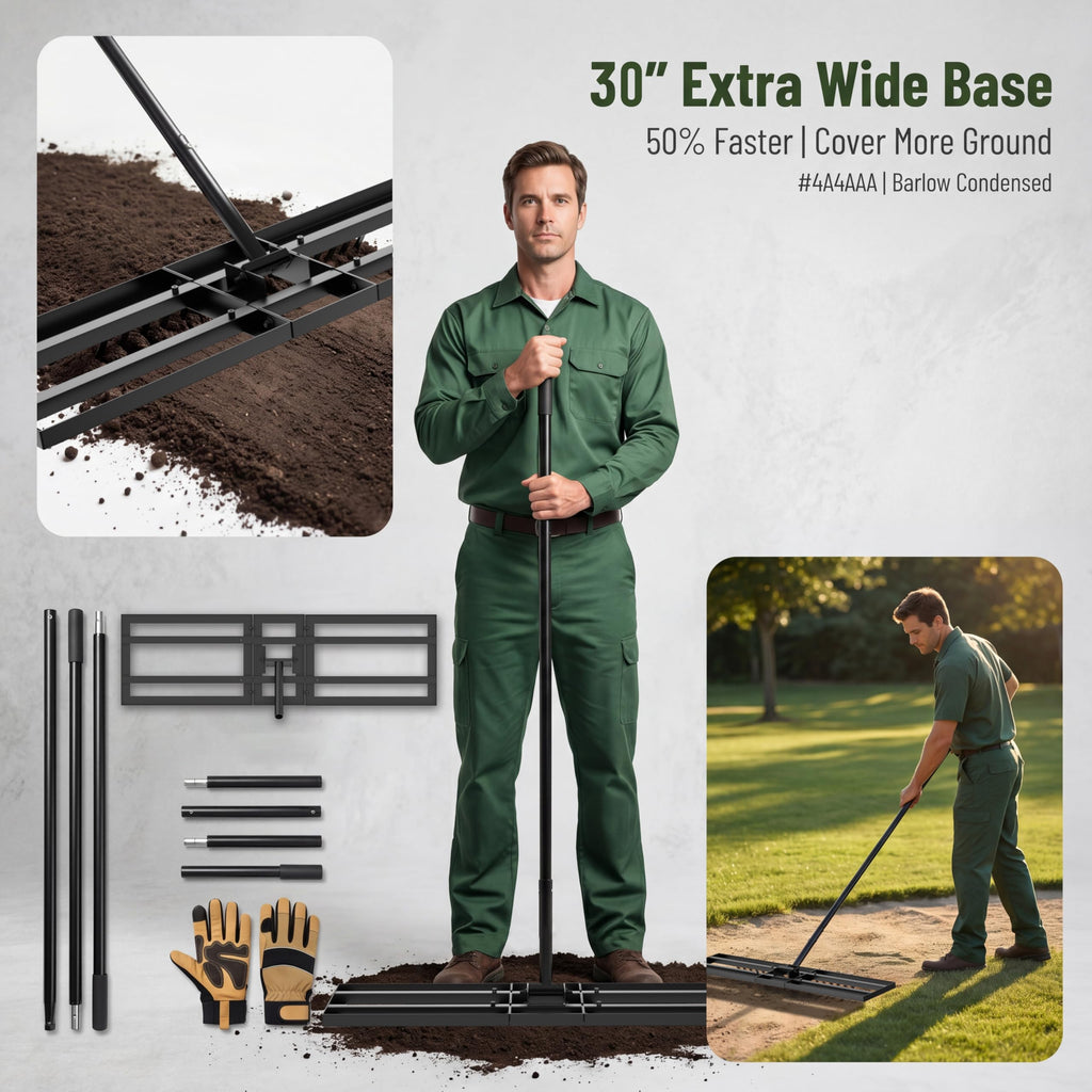 Lawn Leveling Rake - 30x10 Leveling Rake for Soil, Heavy Duty Yard Leveling Rake with 6.5FT Extra Long Handle, 2mm Thickened Stainless Steel Lawn Leveler, Landscape Tool for Dirt and Sand, with Gloves