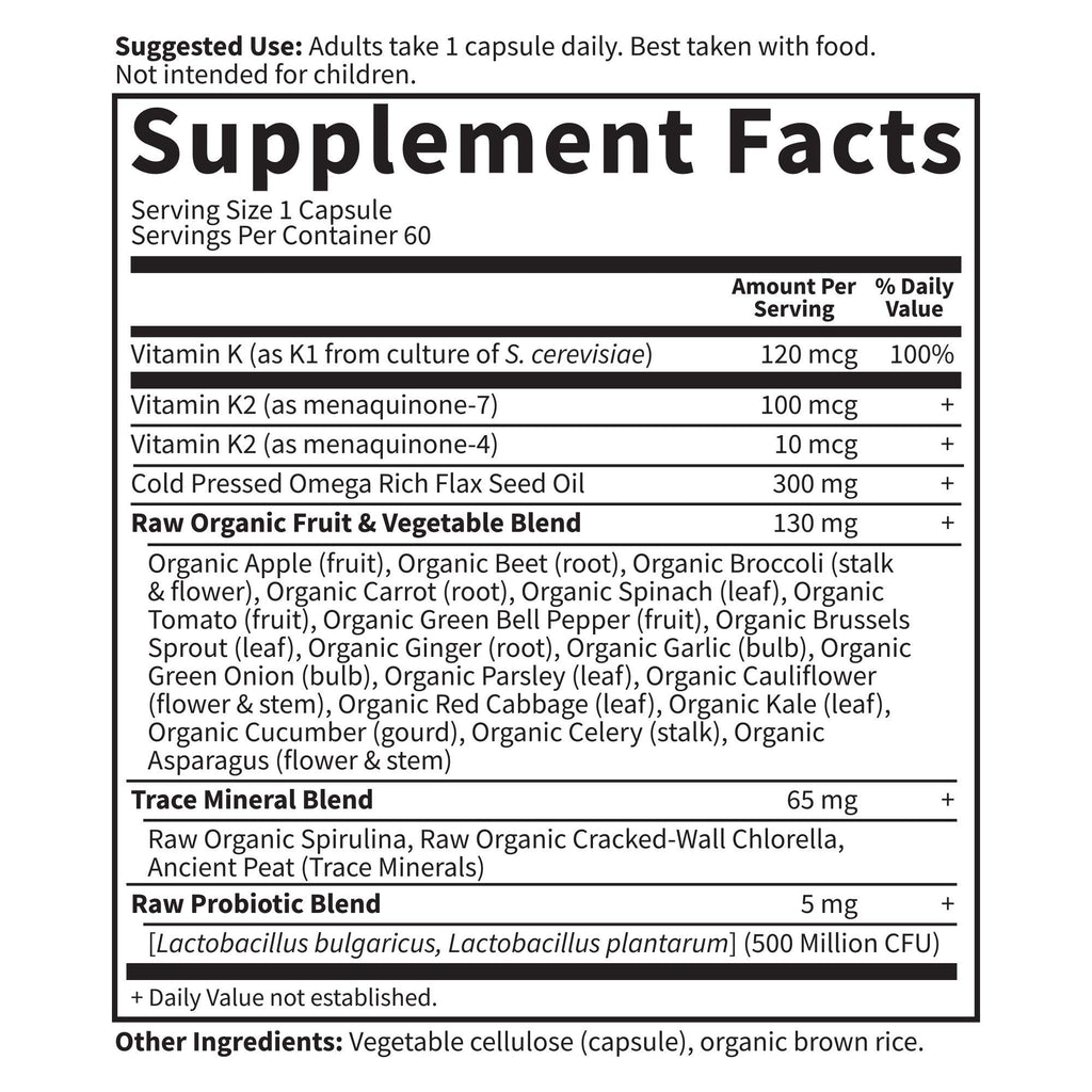 Garden of Life Vitamin K2 and K1, Vitamin Code Vegan K Complex Vitamin for Bone Strength and Heart Health, Omega Rich Flax Seed Oil, Trace Minerals, Probiotics, 60 Day Supply