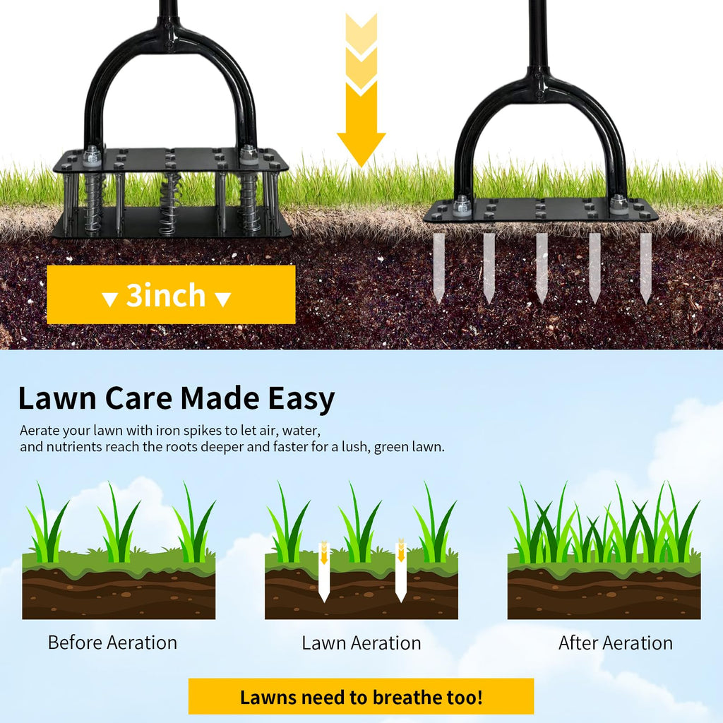 Uojim Lawn Aerator, 15x3 Solid Steel Tines for Efficient Aeration, Dual-Spring Auto-Clean to Prevent Clogging, 38" Ergonomic T-Handle & Wide Foot Pedal Used for Courtyard,Garden,Patio