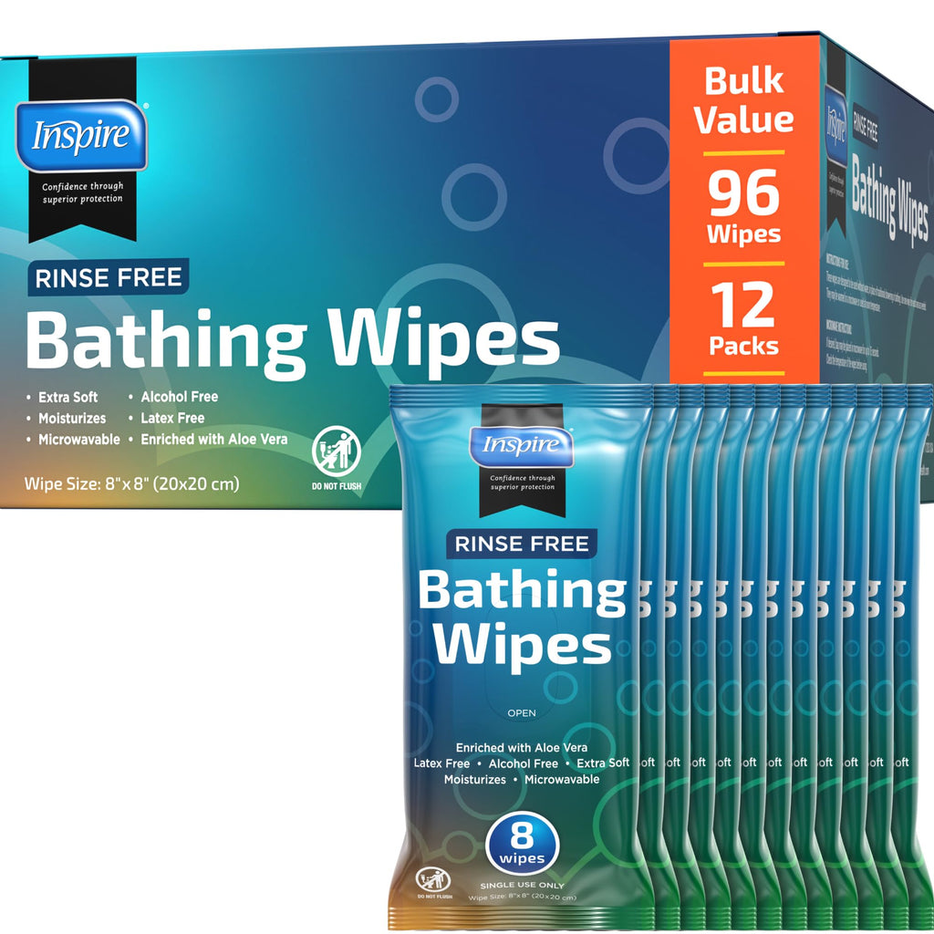 Body Wipes for adults bathing rinse free | Adult Wash Cloths Extra Large, Bathing Wipes for Incontinence With Aloe Vera, 8"x 8" In (96 count) | By Inspire