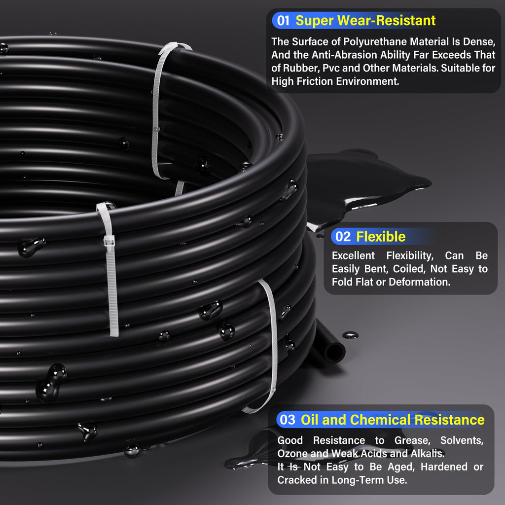 TAILONZ PNEUMATIC Black 4MM or 5/32 Inch OD 10 Meter 32.8ft PU Polyurethane Air Tubing Kit Pipe Hose Air Line Tubing Air Hose Fittings Push to Connect Fittings(29PCS)