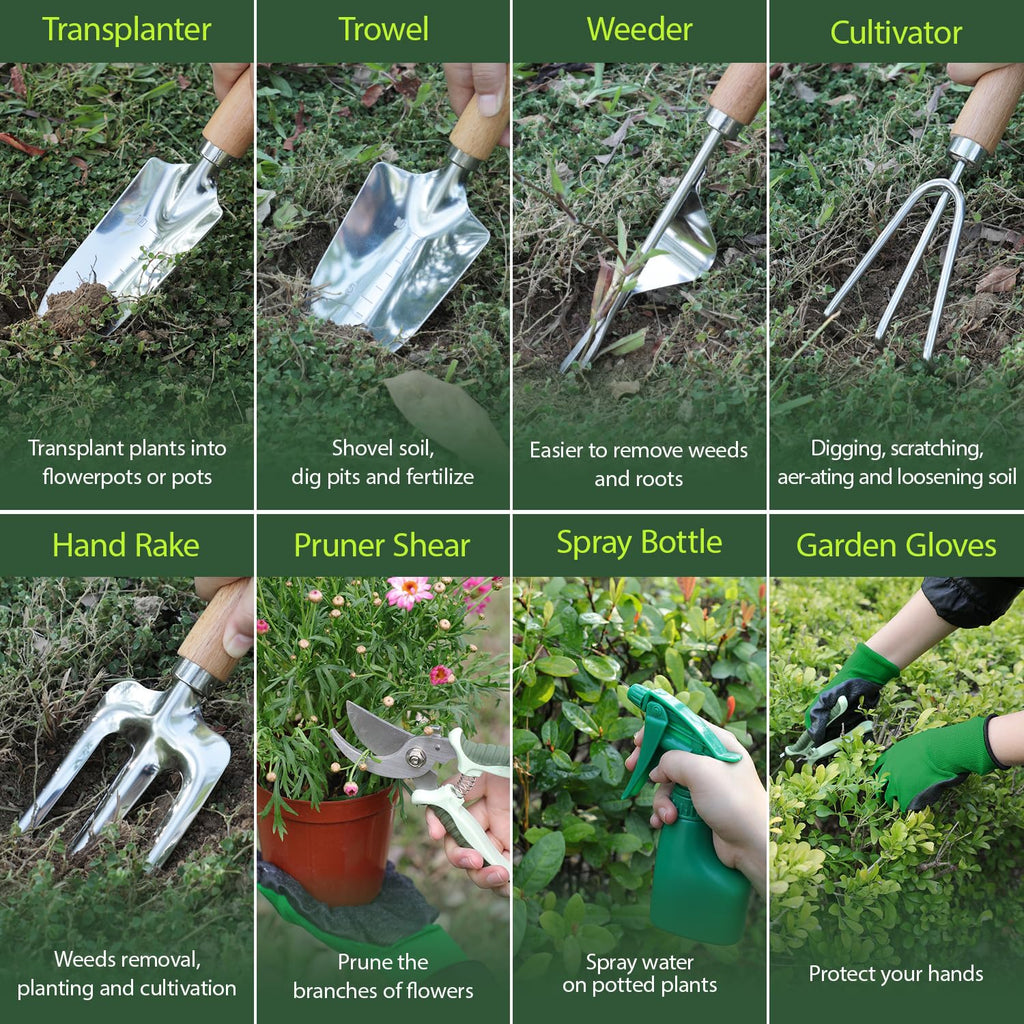 HoHaing Garden Tool Set, 10 Piece Kit with Heavy Duty Folding Stool, Detachable Storage Tote Bag, Stainless Steel Tools, Gifts for Women Men Green