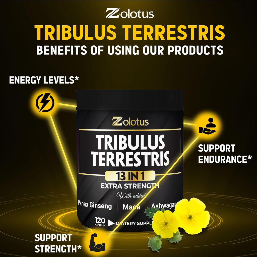 Zolotus 13in1 Tribulus Terrestris Capsules with Maca, Horny Goat Weed, Panax Ginseng, Saw Palmetto, Tongkat Ali, Shilajit & More - Energy, Stamina Supplement for Men & Women - 120 Counts