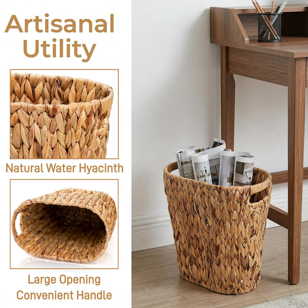 Pumtus Woven Trash Can, Handwoven Bathroom Waste Basket with Built-in Handles, Water Hyacinth Storage Bin, Garbage Laundry Magazine Container for Bedroom, Kitchen, Office, Utility Room