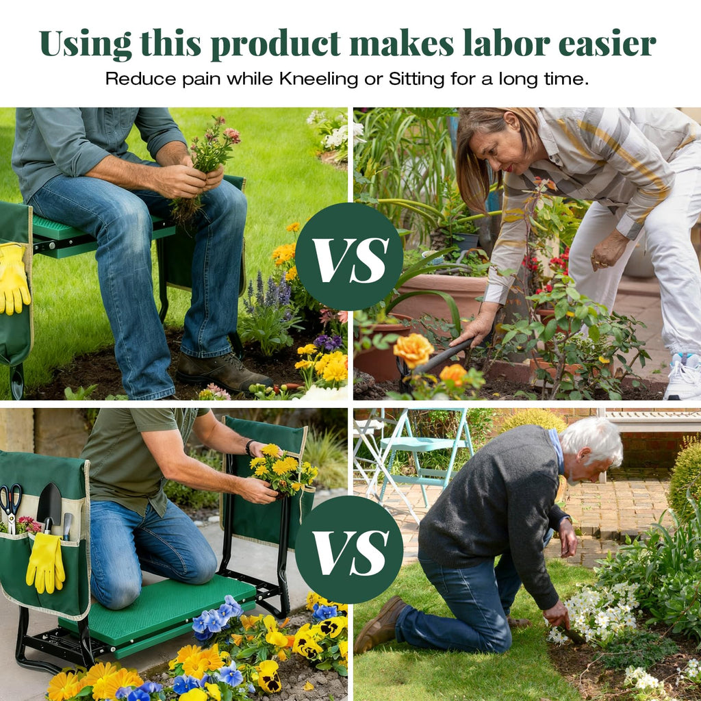 RAIN SPIRIT Garden Kneeler and Seat with Thicken & Widen Soft Kneeling Pad,Heavy Duty Gardening Bench Kneeler and seat Foldable Gardening Stool with 2 Tool Pouches，Gifts for Women, Seniors, Mom & Dad