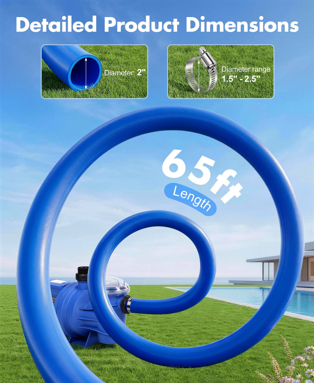 LuxBlue 2" X 65ft Pool Backwash Hose | Heavy-Duty Reinforced PVC Pool Drain Hose, UV & Burst Resistant | Flexible Lay Flat Discharge Hoses for Water Transfer, Sump Pump Drainage, with 3 Clamps