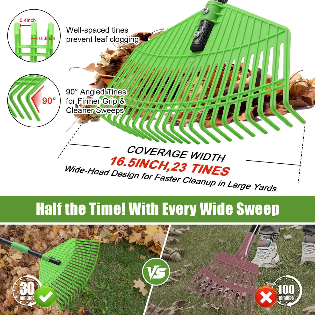 Plastic Leaf Rake - Upgraded Anti-Break Nylon Head,65" Adjustable Outdoor Yard Rakes for Leaves,Grass,Pine Needle,Mulch,Gentle On Lawn Garden - Lightweight for Women,Seniors & Kids,Childs
