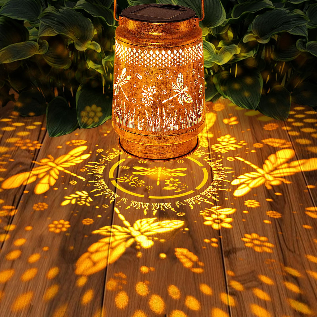 2 Pack Solar Lanterns Outdoor Waterproof Dragonfly Garden Decor, Birthday Gifts for Women Mom Grandma, Hanging Solar Lights Metal LED Decoration with Shepherd Hook Outside for Yard Patio Lawn Porch