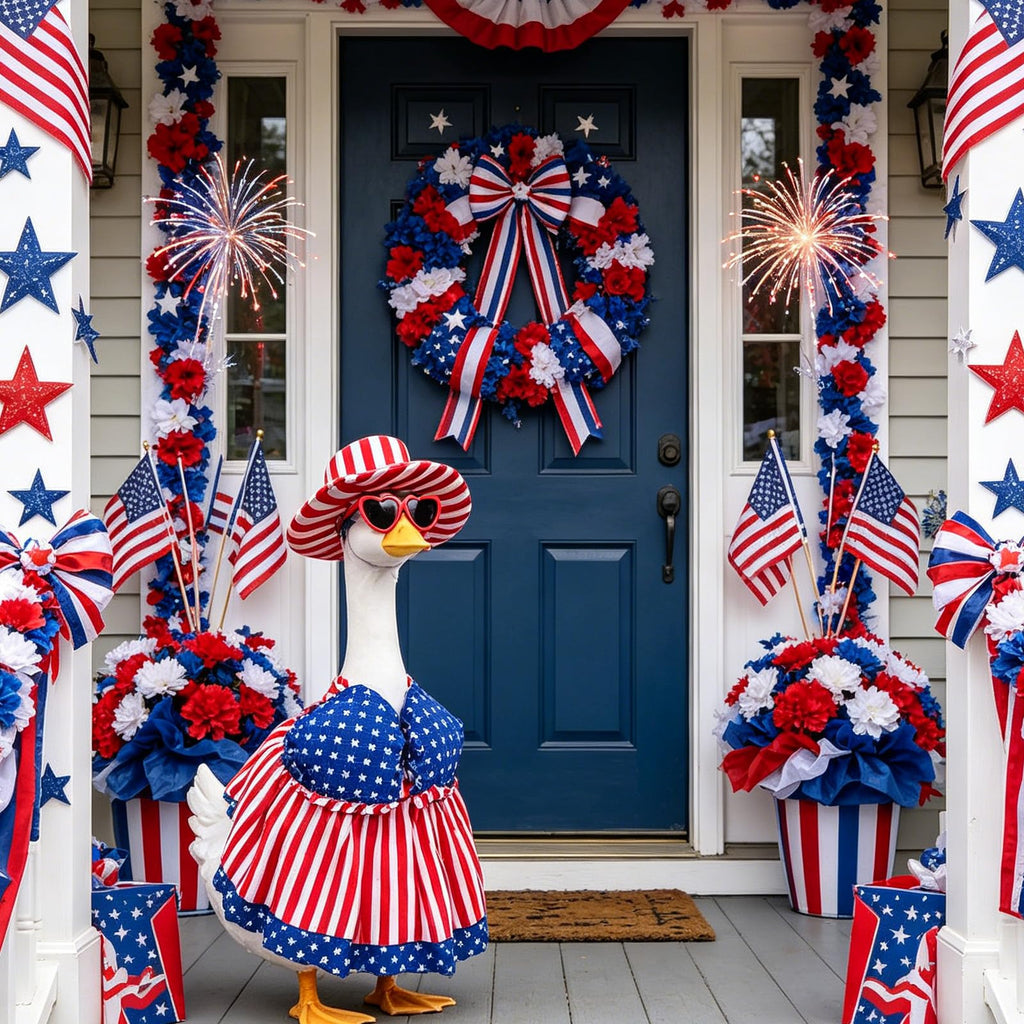 Aposwow 4th of July Porch Goose Outfit, USA Patriotic Goose Costume with Swimsuit Hat Sunglasses Lawn Art, 250th Anniversary Outfits for 23" Garden Geese Statue Garden Decoration