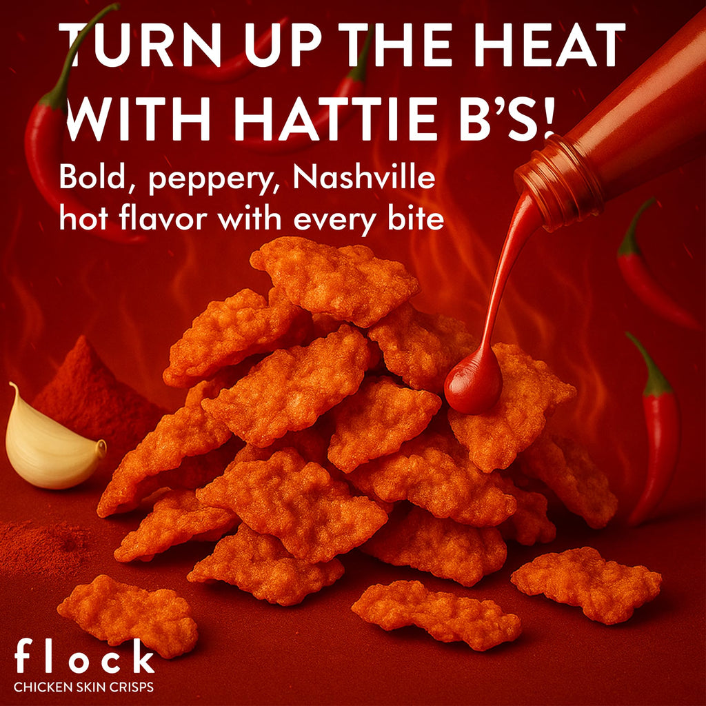 Flock Keto Chicken Skin Chips | Hattie Bs Nashville Hot Flavor | Keto Friendly, Low Carb, High Protein, Flavor Packed, Gluten Free Single Serve Snack | (2.5oz) 4-Pack