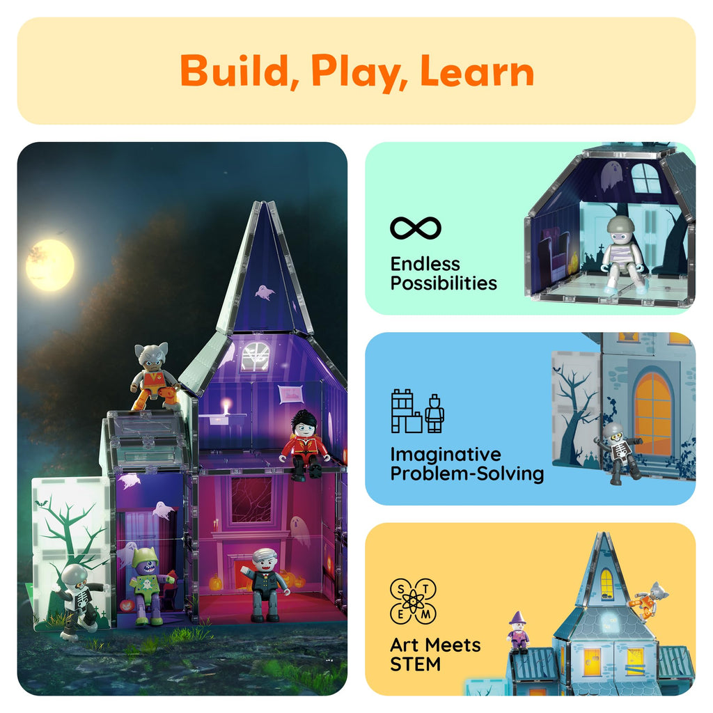 PicassoTiles 57 PCS Magnetic Tiles Halloween Haunted House STEM Set Ages 3+
