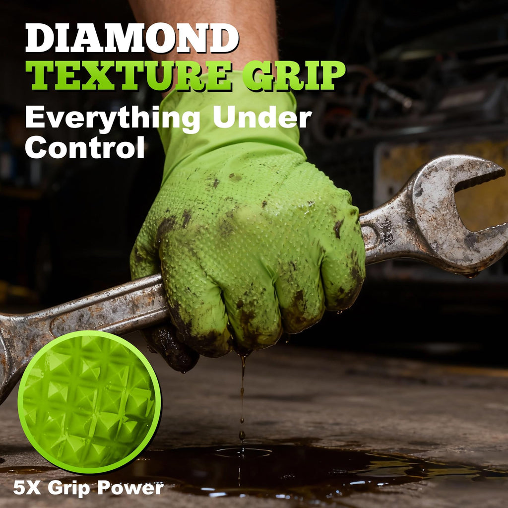 TitanFlex Heavy Duty Green Industrial Nitrile Gloves, 8-mil, XL, Box of 100, Latex Free, Raised Diamond Texture Grip, Powder Free, Food Safe, Rubber Gloves, Mechanic Gloves