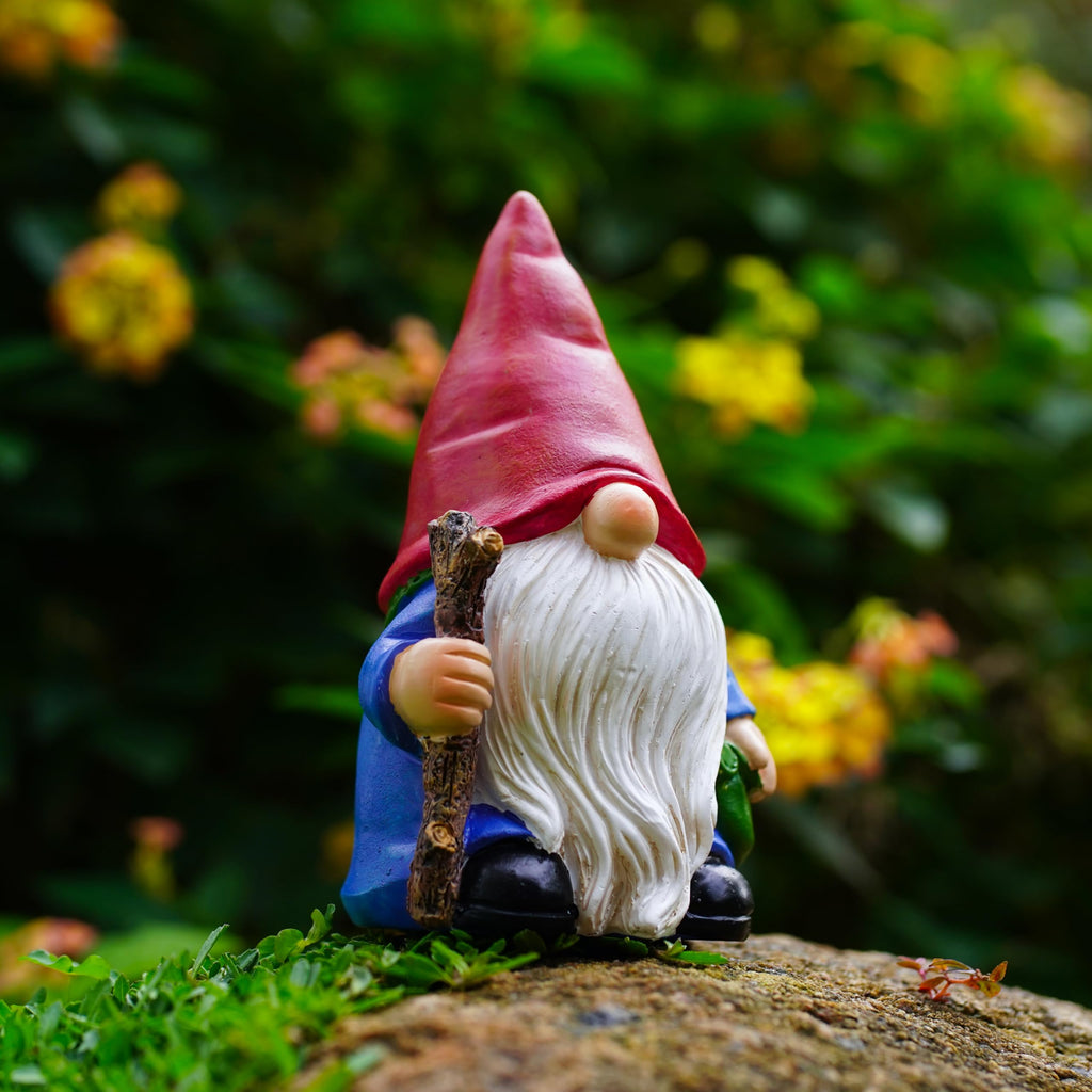 Hand-Painted Traveler Resin Garden Gnome Statue 6.1in - Whimsical Explorer Figurine for Outdoor & Indoor Decor - Weather Resistant Gnome with Staff & Satchel for Patio, Yard, Lawn, Home & Gift