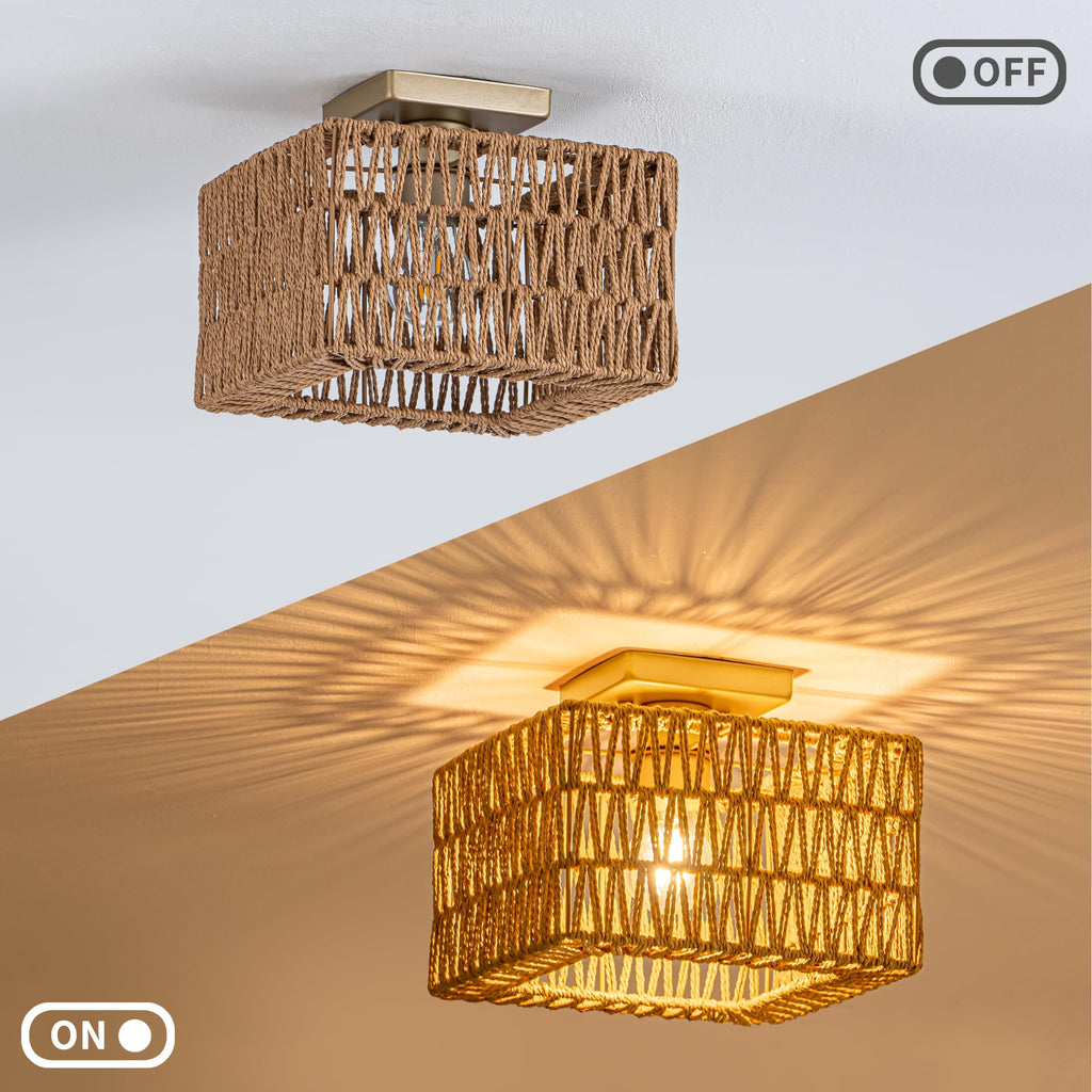 Rpzloila Rattan Ceiling Light, Gold Boho Light Fixture, Square Flush Mount Ceiling Light for Bedroom, Hallway, Entryway, Kitchen, Cabinet
