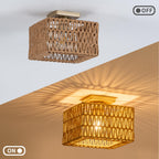 Rpzloila Rattan Ceiling Light, Gold Boho Light Fixture, Square Flush Mount Ceiling Light for Bedroom, Hallway, Entryway, Kitchen, Cabinet