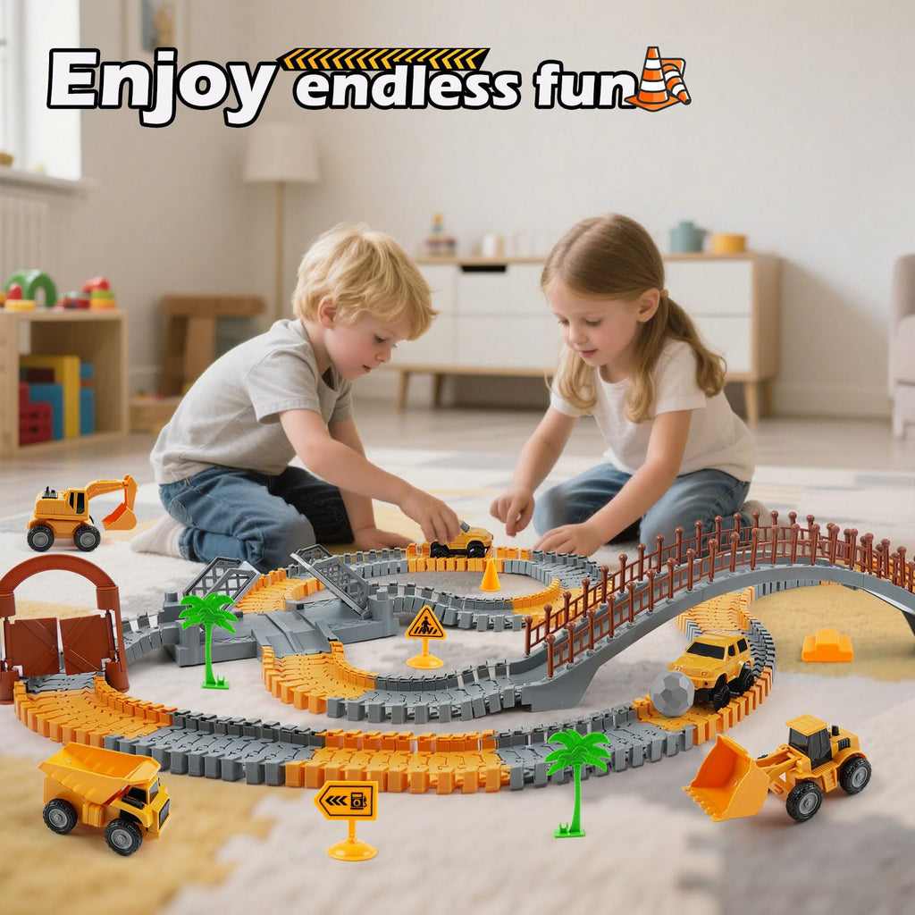 TGJH Construction Race Car Track Set for Kids - Flexible Engineering Toys with 2 Electric Cars, Birthday Gift for 3 4 5 6 7 Year Old Boys, DIY Road Games Playset with 220+ PCS