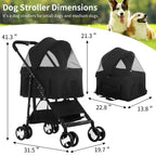 BLKMTY Dog Stroller 3-in-1 Folding Pet Stroller 4 Wheels Cat Strollers w/Storage Basket Dog Carrier Trolley One-Button Switch Travel Strollers with Safety Belt Detachable Carrier, Black