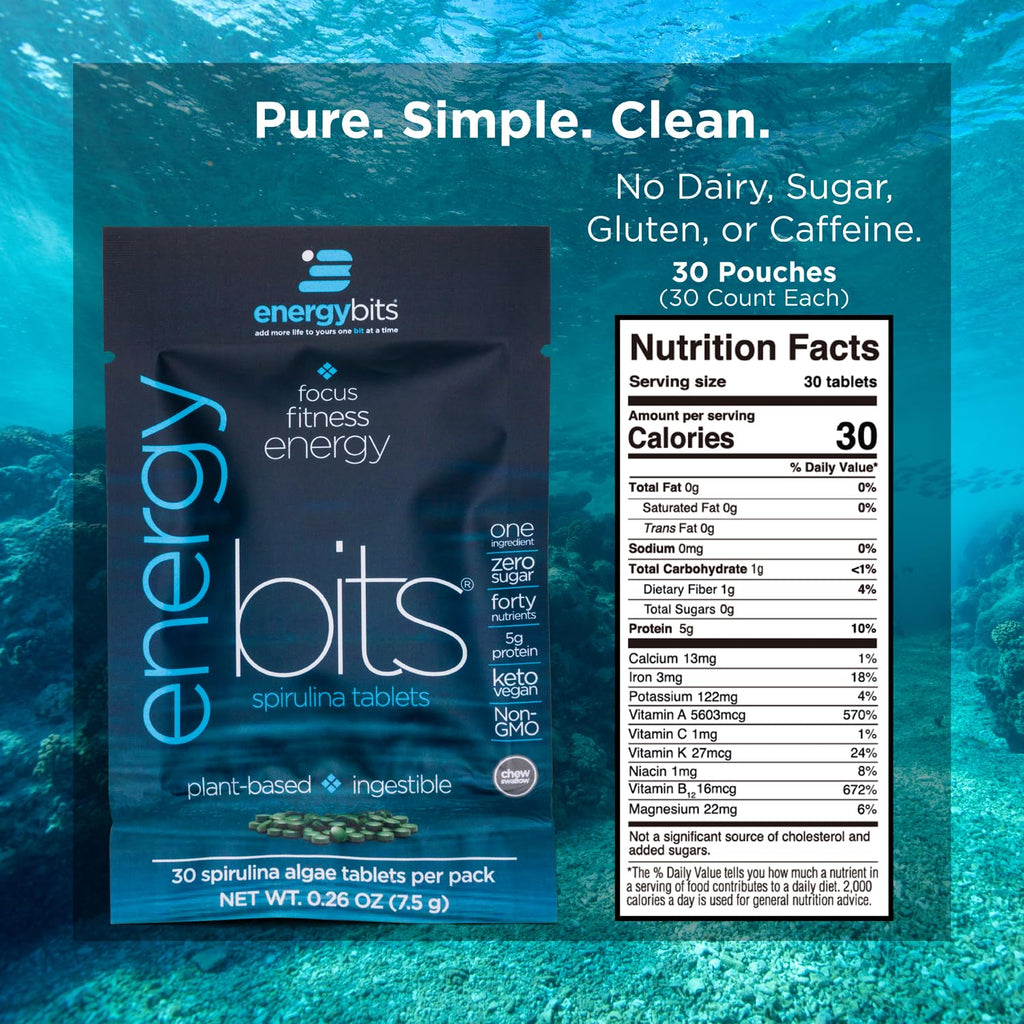 ENERGYBITS - Organic Spirulina Tablets - Plant-Based Algae Superfood - for Focus, Fitness, Energy - Plant Protein - Gluten Free - Collagen, Vitamin B12, Omega 3 - Keto & Vegan - 900 Algae Tablets