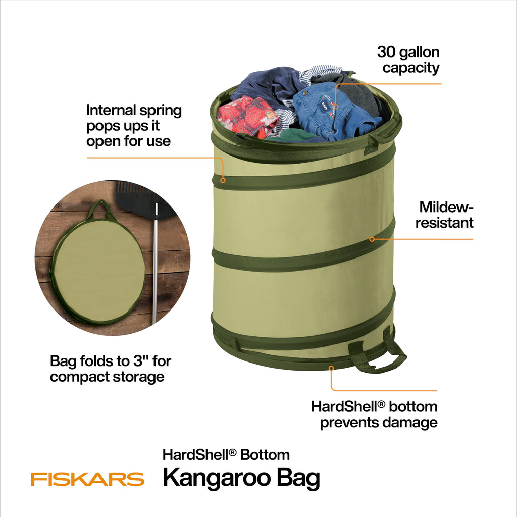 Fiskars Kangaroo Collapsible Garden Bag with Heavy Duty Hardshell Bottom for Leaf and Yard Waste, 30-Gallon Reusable Container for Lawn Care and Gardening