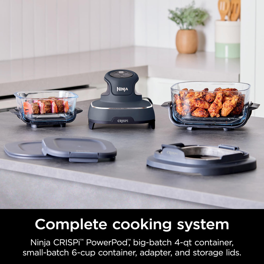 Ninja Crispi Air Fryer, Microwave, Freezer & Dishwasher Safe, Non Toxic Glass Portable Cooking System, 4 QT & 6 Cup Glass Containers with Storage Lids, Easy Meals, Air Fry, Bake, Grey (Renewed)