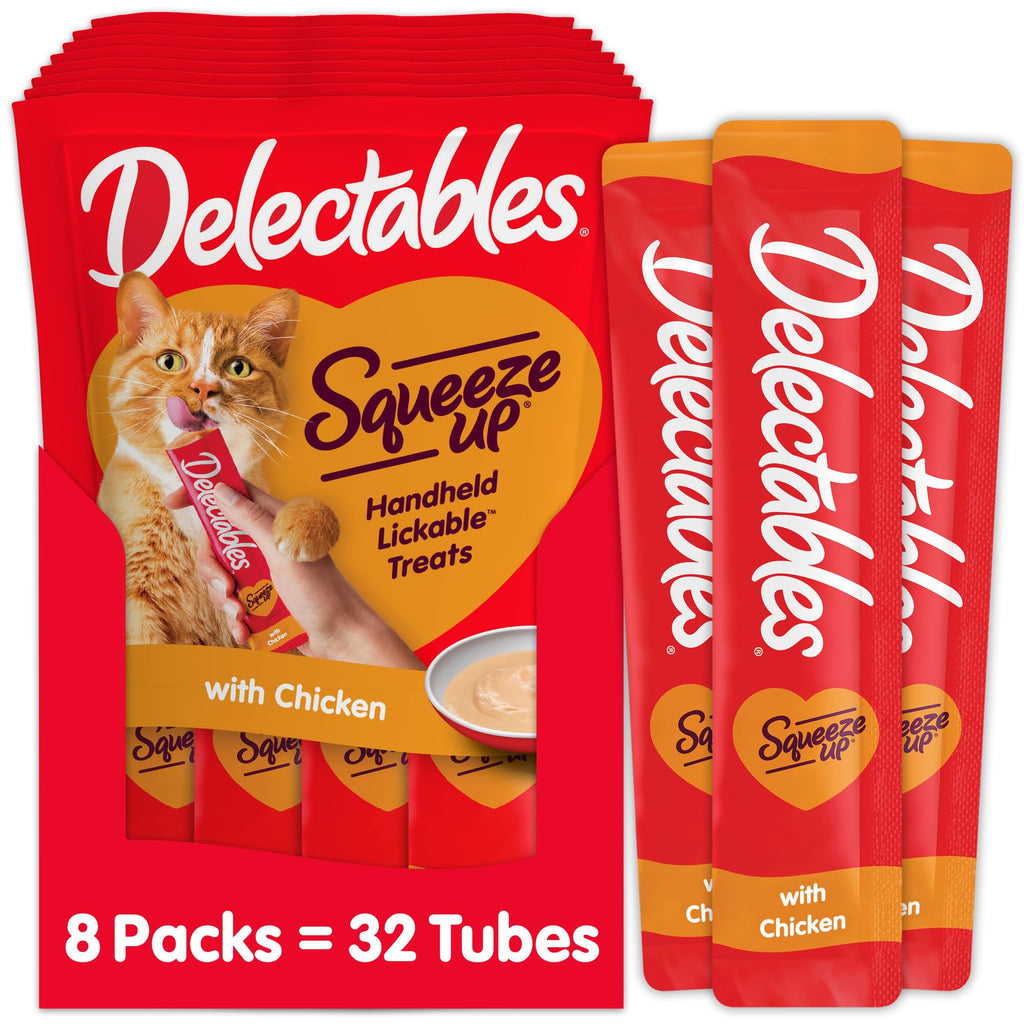 Delectables Squeeze Up Creamy Squeezable Puree, Lickable Wet Cat Treats, Grain Free, No Added Fillers, No By-Products, No Added Preservatives, 0.5 Ounces Tube Chicken Flavor, 32 Tubes Total