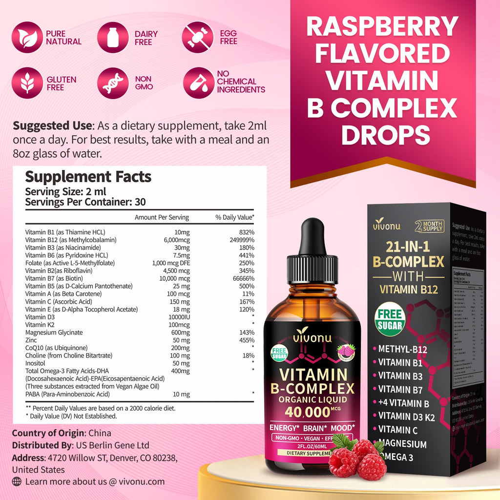 VivoNu Vitamin B Complex Liquid Drops, Methylated Vitamin B12 6000 mcg, B1, B6, B3, B5, B2, Folate, Biotin, Magnesium, Zinc, CoQ10 for Metabolism* & Energy Support, Raspberry Flavor - 3 Bottle