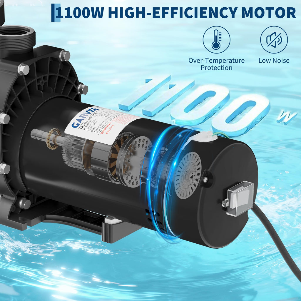 Garvee 1.5 HP Swimming Pool Pump 1100W 110-120V Single Voltage Pumps with Strainer Basket for Above-ground and In-ground, 6000 GPH Max. Flow