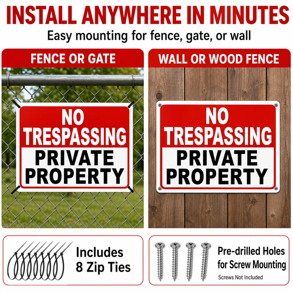 4 Pack No Trespassing Signs Private Property – 10x7 Inch 40 Mil Rust Free Aluminum, Reflective Warning Signs, UV Printed, Weatherproof Outdoor High Visibility Security Sign for Fence, Gate & Yard