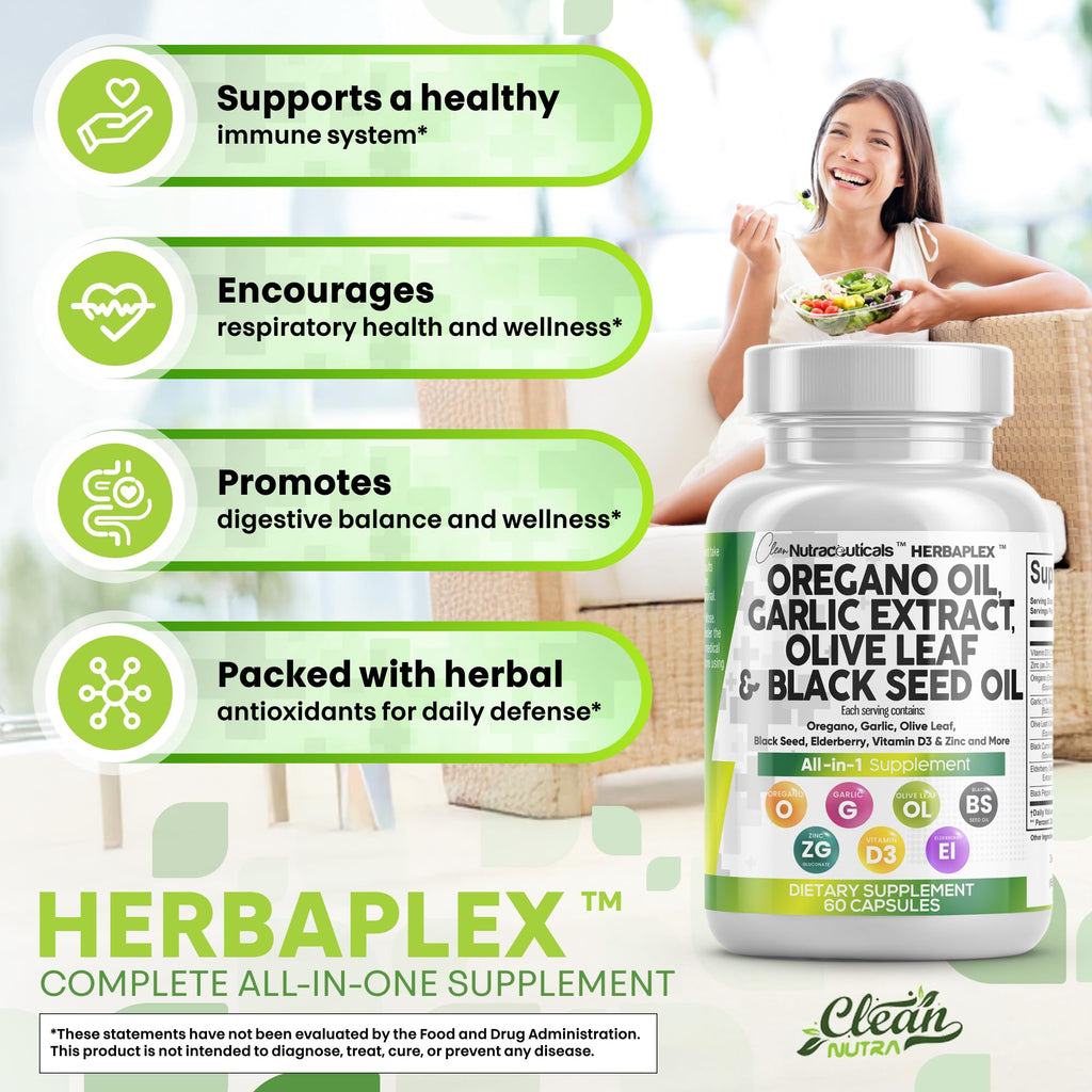 Clean Nutra Oregano Oil with Black Seed Oil Garlic Olive Leaf Extract - Oil of Oregano Capsules Immune Support Carvacrol & Thymoquinone Supplement for Women and Men + Elderberry Vitamin D3 & Zinc