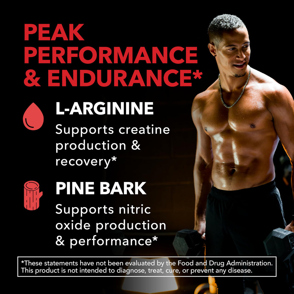 L-Arginine 1800mg and Pine Bark Extract 100mg - Nitric Oxide Supplement for Men - Performance Supplement for Men's Health - 90 Count - Endurance, Recovery Support - Vegan, Non-GMO Capsules