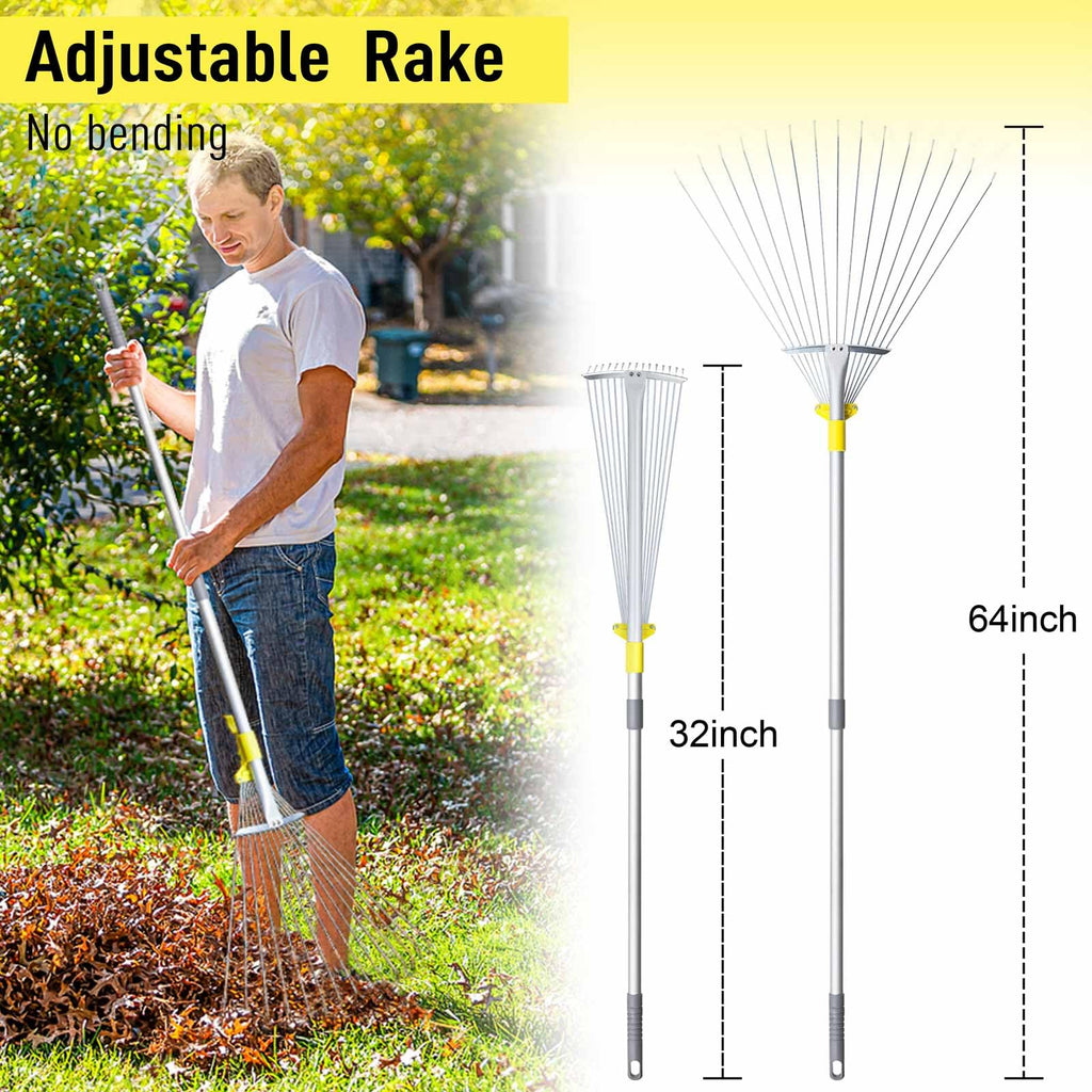 JARDINEER Adjustable Rakes for Leaves, Large Garden Leaf Rake for Lawns Grass with 7-23" Expandable Head, Yard Collapsible Rake for Camping (64 inches)
