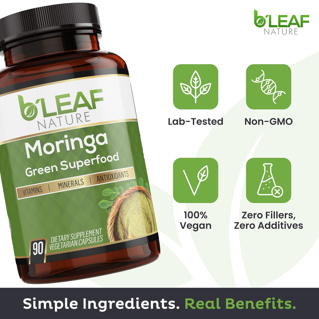 B'LEAF NATURE Organic Moringa Capsules 1000mg, 90 Count – Moringa Capsules with Organic Oleifera Powder for Immune Support, Energy & Balance – Vegan, Non-GMO Supplements for Daily Wellness