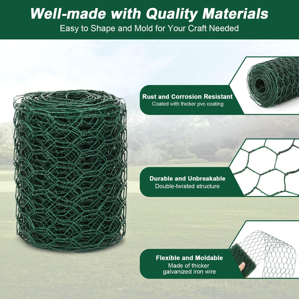 ROADPLUM 4 × 236 in Floral Wire Netting, Green Chicken Wire for Floral Arrangements, Galvanized Coated Chicken Mesh Netting with Plier & Plant Ties for Floral Supplies | Garden Fencing | DIY Craft