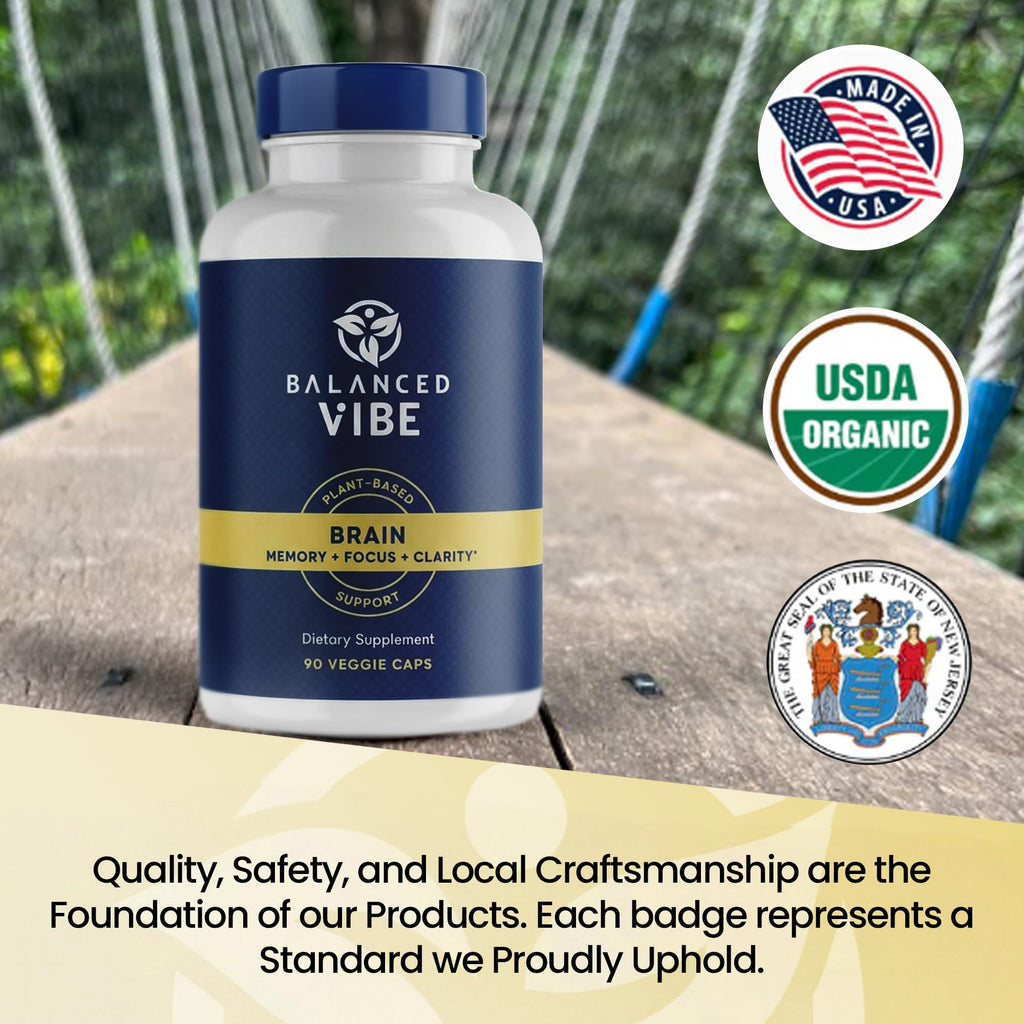 Balanced Vibe Brain Supplement 8 in 1 with Lion's Mane, Bacopa, Rhodiola, Ginkgo Brain Supplements for Memory, Focus & Mental Clarity, Non-Stimulant, Organic, Vegan, GMP Certified, 90 Capsules