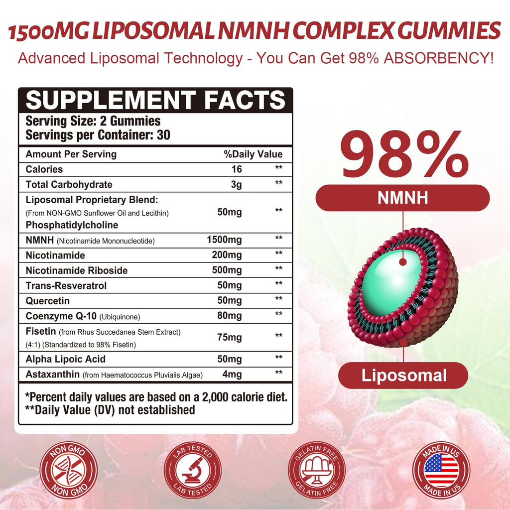 2Pack 1500MG Liposomal NMN Supplement NMNH Gummies-NAD Supplement to Boost NAD+, Nicotinamide Riboside ＆ Quercetin,Improve Energy Levels ＆ Enhance Endurance, Blend for Cellular Energy & Repair Support