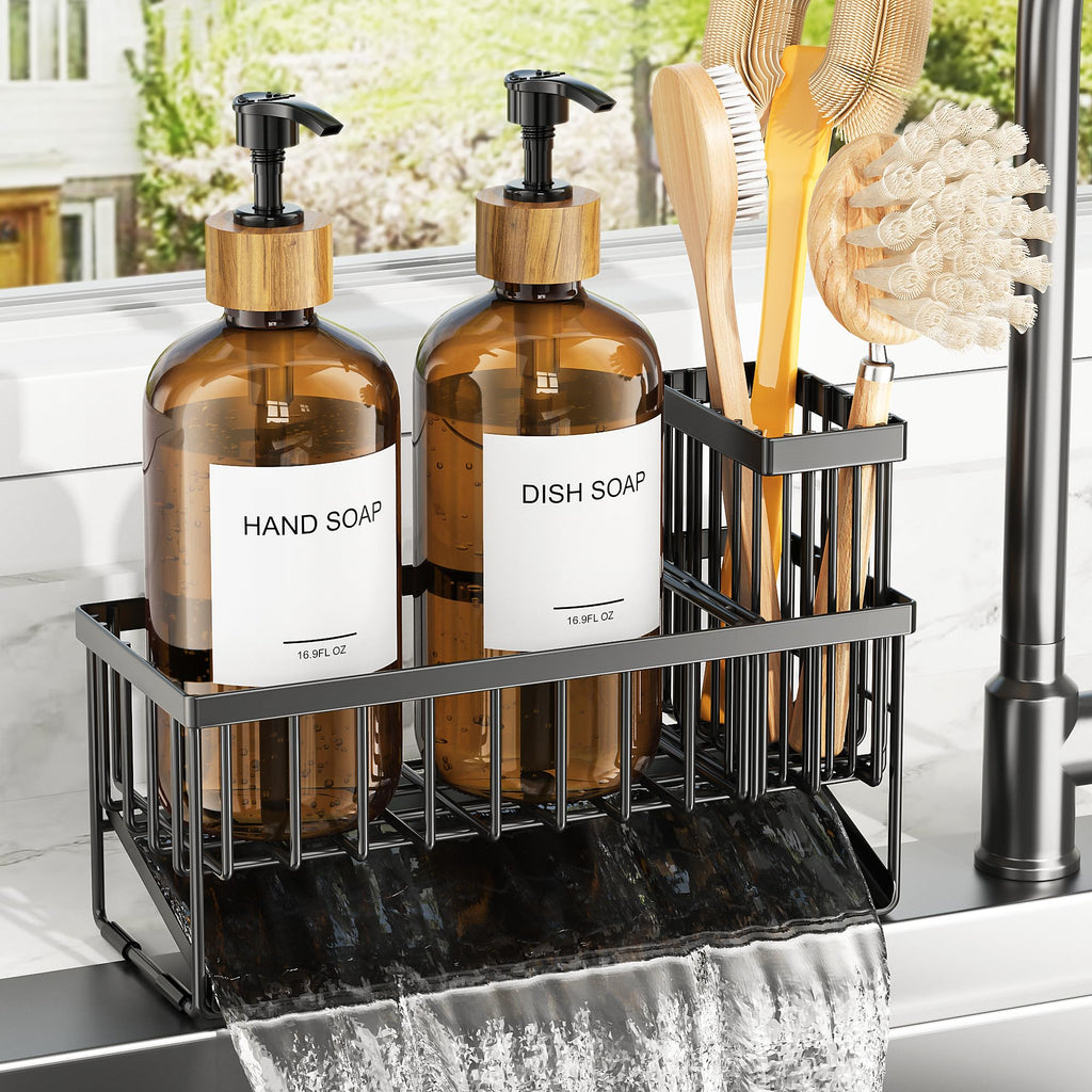 Cisily Kitchen Dish Soap Dispenser Set with 2 Pack 16.9oz Amber Glass Bottle and Sponge Holder, Dish Soap Dispensers with Adjustable Sponge Holder, Vintage Hand and Dish Soap Dispensers Set