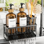Cisily Kitchen Dish Soap Dispenser Set with 2 Pack 16.9oz Amber Glass Bottle and Sponge Holder, Dish Soap Dispensers with Adjustable Sponge Holder, Vintage Hand and Dish Soap Dispensers Set