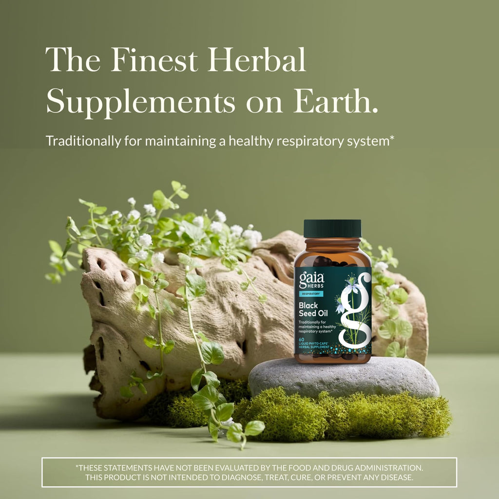 Gaia Herbs Black Seed Oil - Cold-Pressed Capsules with Nigella Seed Traditionally Used for Lung, Respiratory & Antioxidant Support* - Herbal Supplement - 60 Vegan Liquid Phyto-Caps (30 Servings)