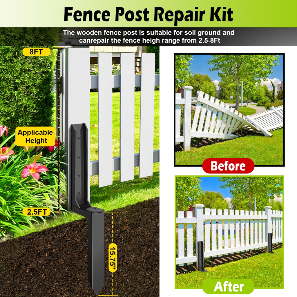 4 Pcs Fence Post Repair Kit, Heavy Duty Fence Post Anchor Ground Stakes for Repair Tilted, Broken Wood Support