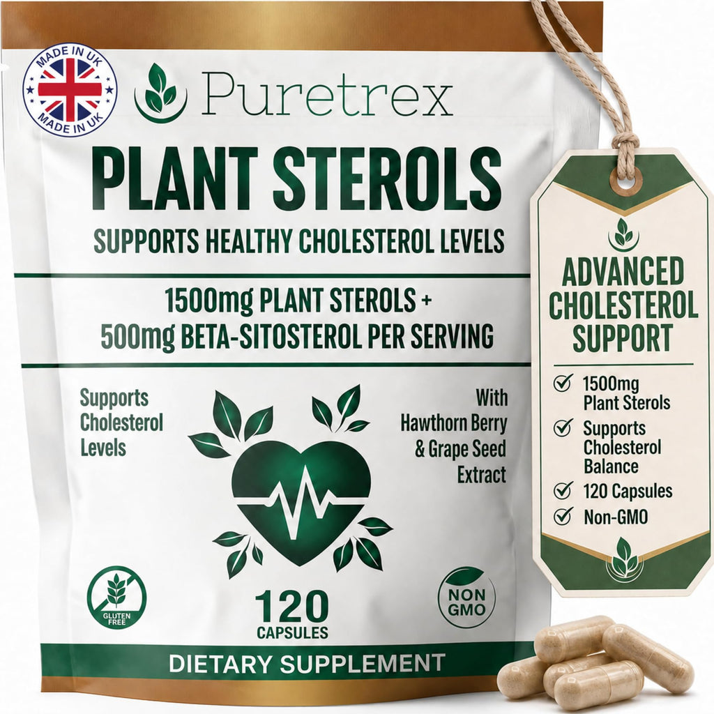 PURETREX Plant Sterols Complex with Beta-Sitosterol, CoQ10, Hawthorn Berry & Grape Seed Extract, 120 Vegan Capsules, Cardiovascular Wellness & Cholesterol Balance Daily Support, Non-GMO, UK Made