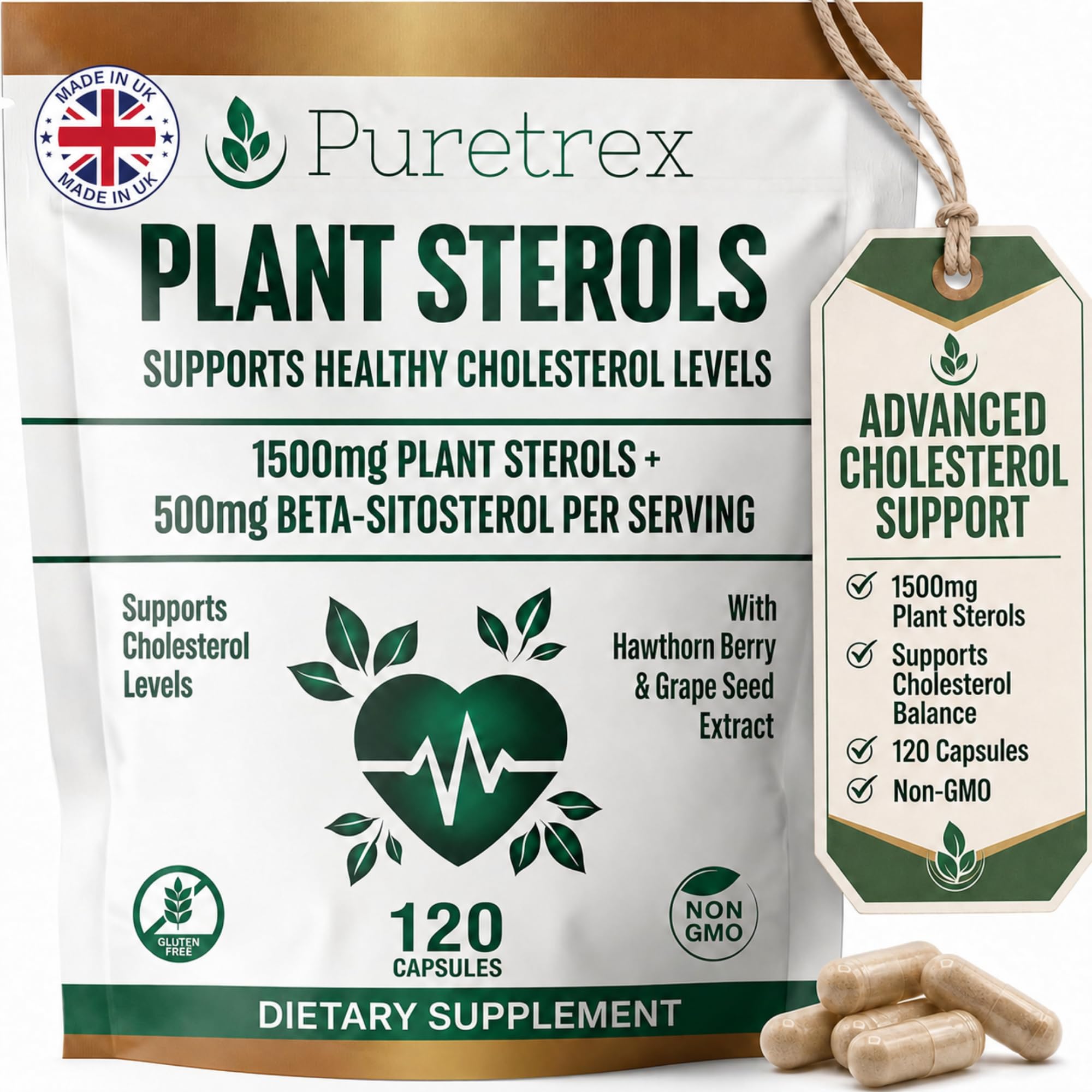 PURETREX Plant Sterols Complex with Beta-Sitosterol, CoQ10, Hawthorn Berry & Grape Seed Extract, 120 Vegan Capsules, Cardiovascular Wellness & Cholesterol Balance Daily Support, Non-GMO, UK Made