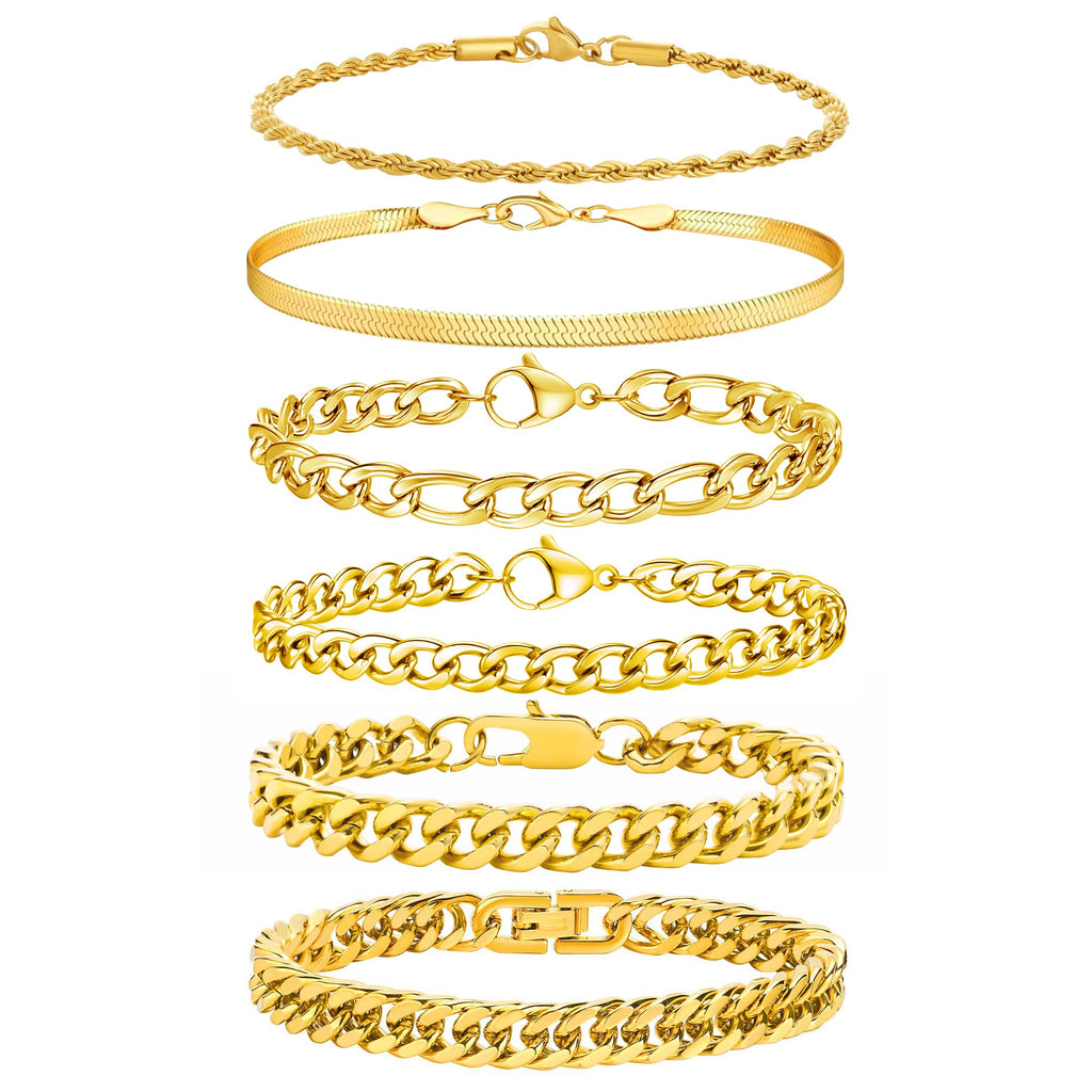 Zocomi Gold Plated Chain Bracelets for Men Stainless Steel Cuban Link Figaro Herringbone Rope Chains Wrist Band Metal Bracelet Set Jewelry Gifts Him Male Oro Pulsera Para Hombres 7.5 Inches
