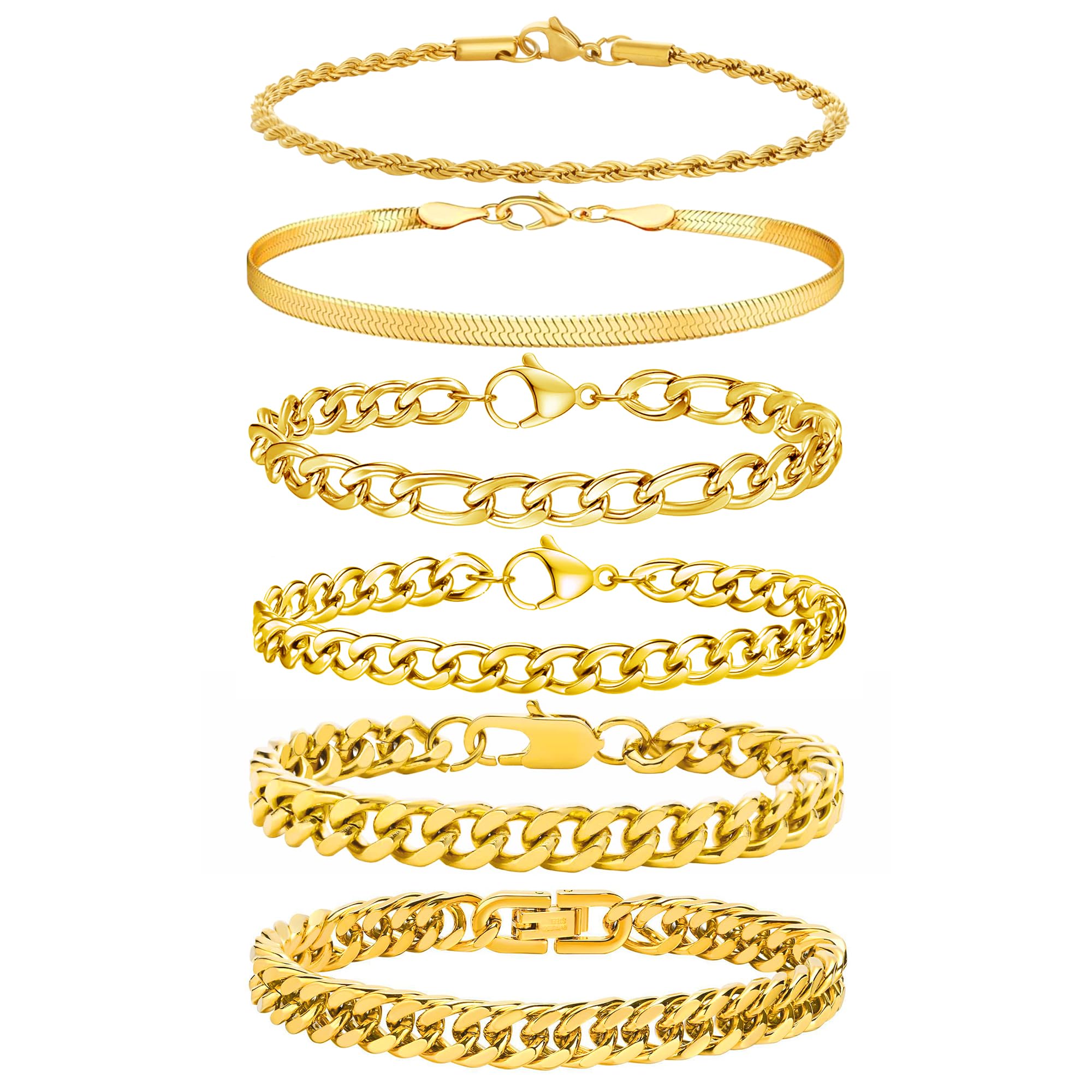 Zocomi Gold Plated Chain Bracelets for Men Stainless Steel Cuban Link Figaro Herringbone Rope Chains Wrist Band Metal Bracelet Set Jewelry Gifts Him Male Oro Pulsera Para Hombres 7.5 Inches