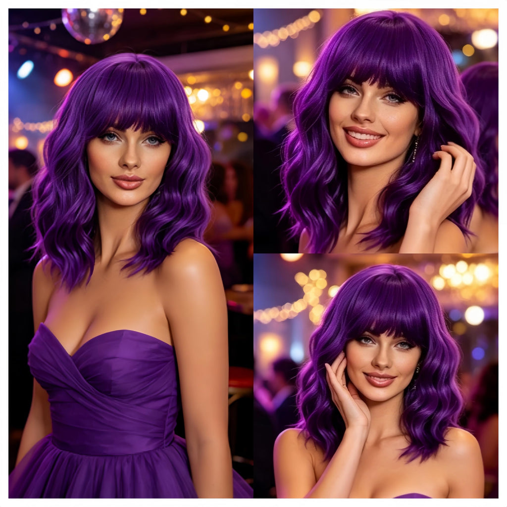 Mxayhnajxl Dark Purple Wigs with Bangs for Women 14 Inch Short Wavy Bob Wigs Synthetic Bob Wig Curly Wig Heat Resistant Colorful Wavy Wig Cosplay Wigs For Daily Party Halloween