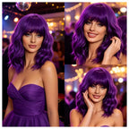 Mxayhnajxl Dark Purple Wigs with Bangs for Women 14 Inch Short Wavy Bob Wigs Synthetic Bob Wig Curly Wig Heat Resistant Colorful Wavy Wig Cosplay Wigs For Daily Party Halloween