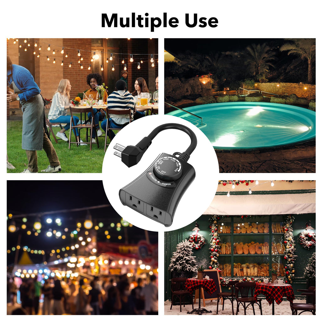 HBN Outdoor Light Timer Waterproof, Weatherproof Photocell Dusk to Dawn Light Sensor, 2/4/6/8 Countdown Timer, 2 Grounded Outlet for Christmas Lights，Hallowen Deceration，1875W 15A 1/2HP