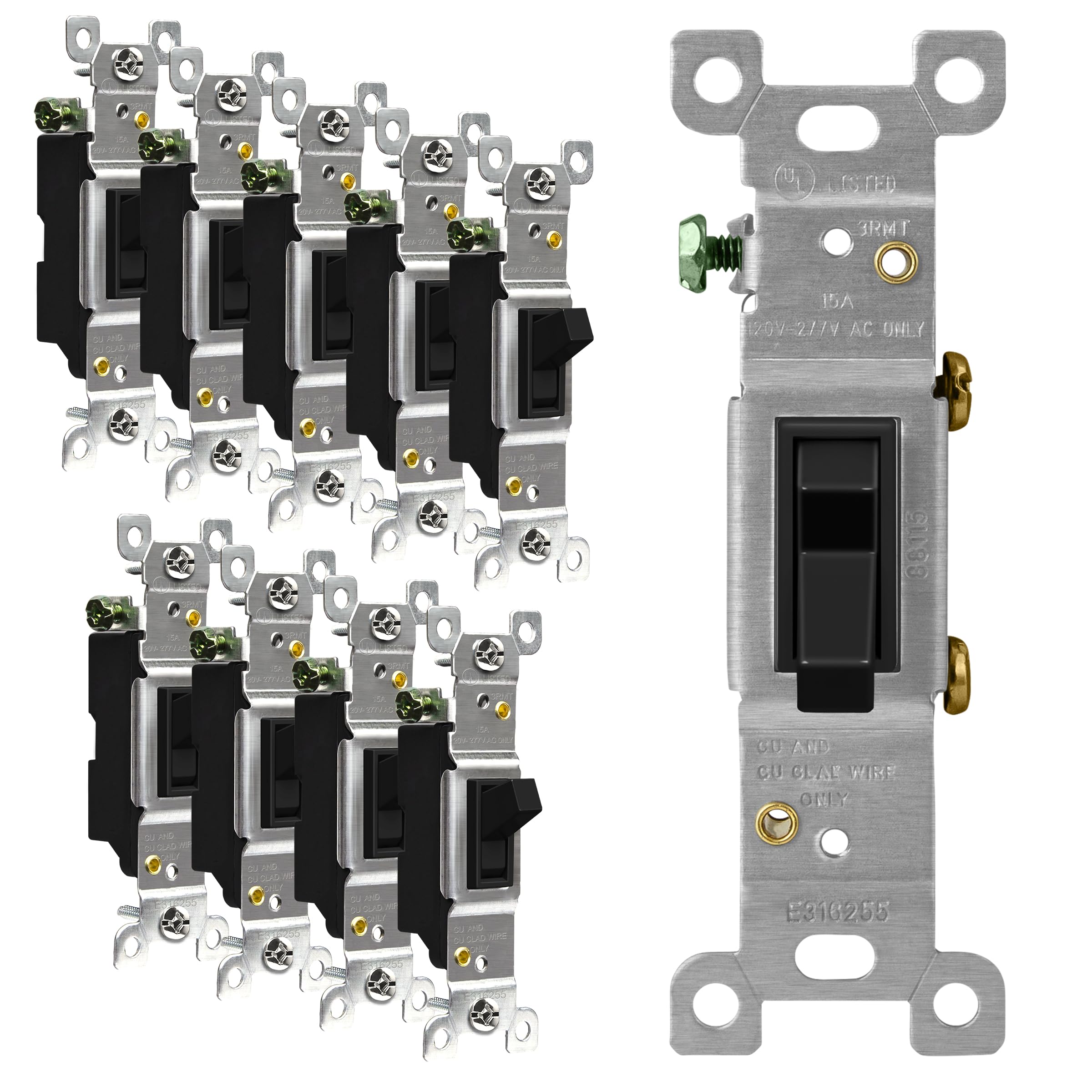 ENERLITES Black Toggle Light Switch, Single Pole, 15A 120-277V, Grounding Screw, Residential Grade, UL Listed, 88115-BK-10PCS, Black, 10 Pack