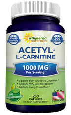 aSquared Nutrition Acetyl L-Carnitine 1000mg Per Serving Max Strength - 200 Veggie Capsules - High Dosage Acetyl L Carnitine HCL (ALCAR) Supplement Pills to Support Pure Energy, Brain Function