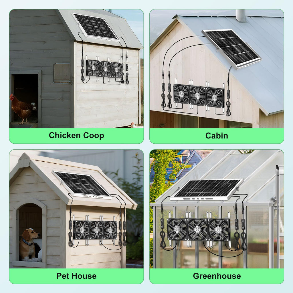 pqins New 5" Solar Chicken Coop Fan 3 Kit, 35W Solar Powered Exhaust and Intake Greenhouse Fan Outdoor Waterproof, 16.5ft Cord, Strong Airflow, for Shed Air Circulation and Ventilation, No Battery